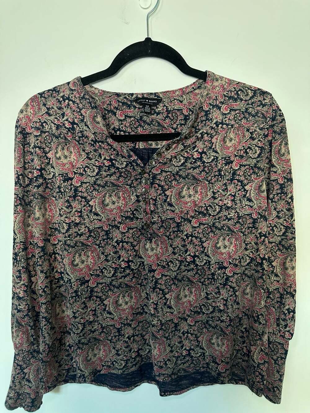 Lucky Brand Women's Small Navy Blue Pink Paisley Henley Long Sleeve Blouse